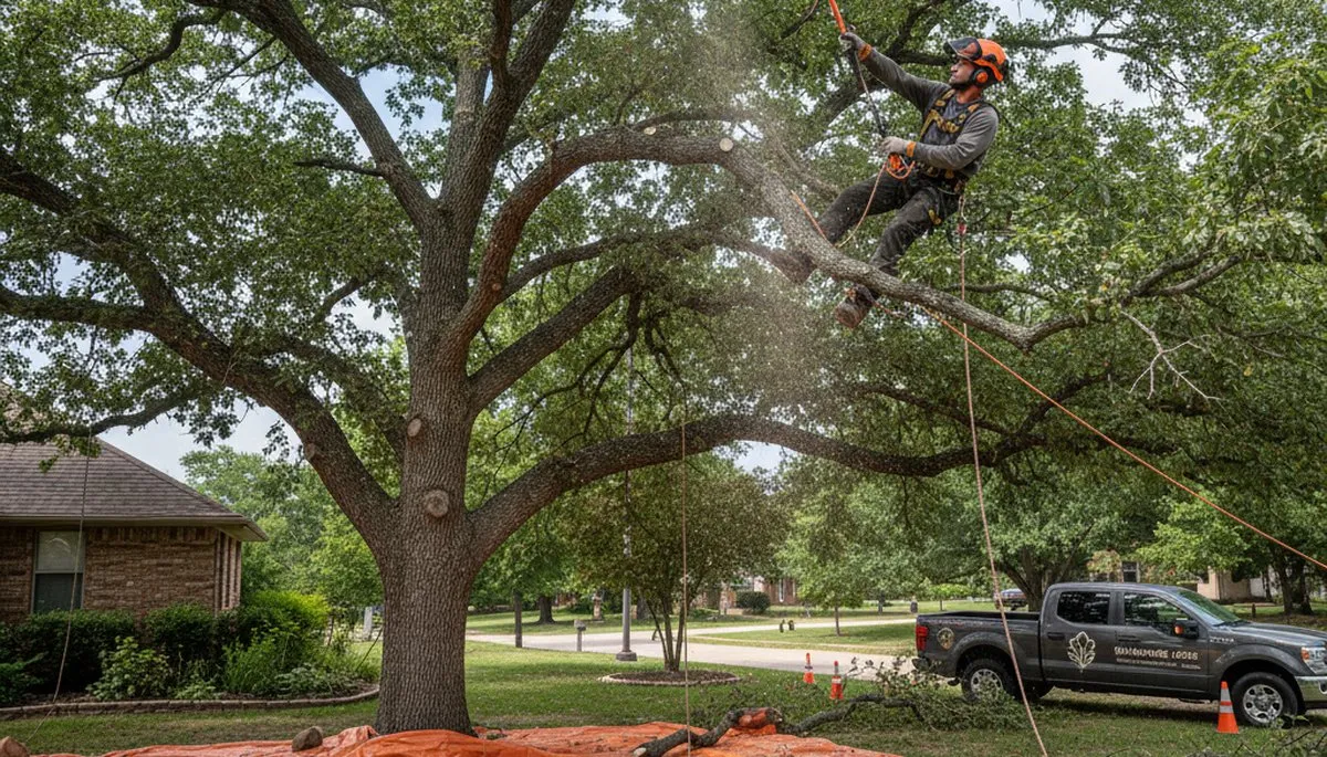 Arborist removing dead branches for safe tree trimming in Shawnee, OK