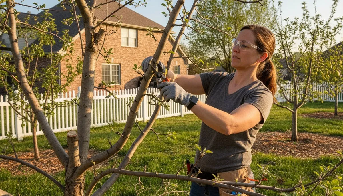 Arborist pruning fruit tree for improved harvest in Shawnee, OK backyard orchard