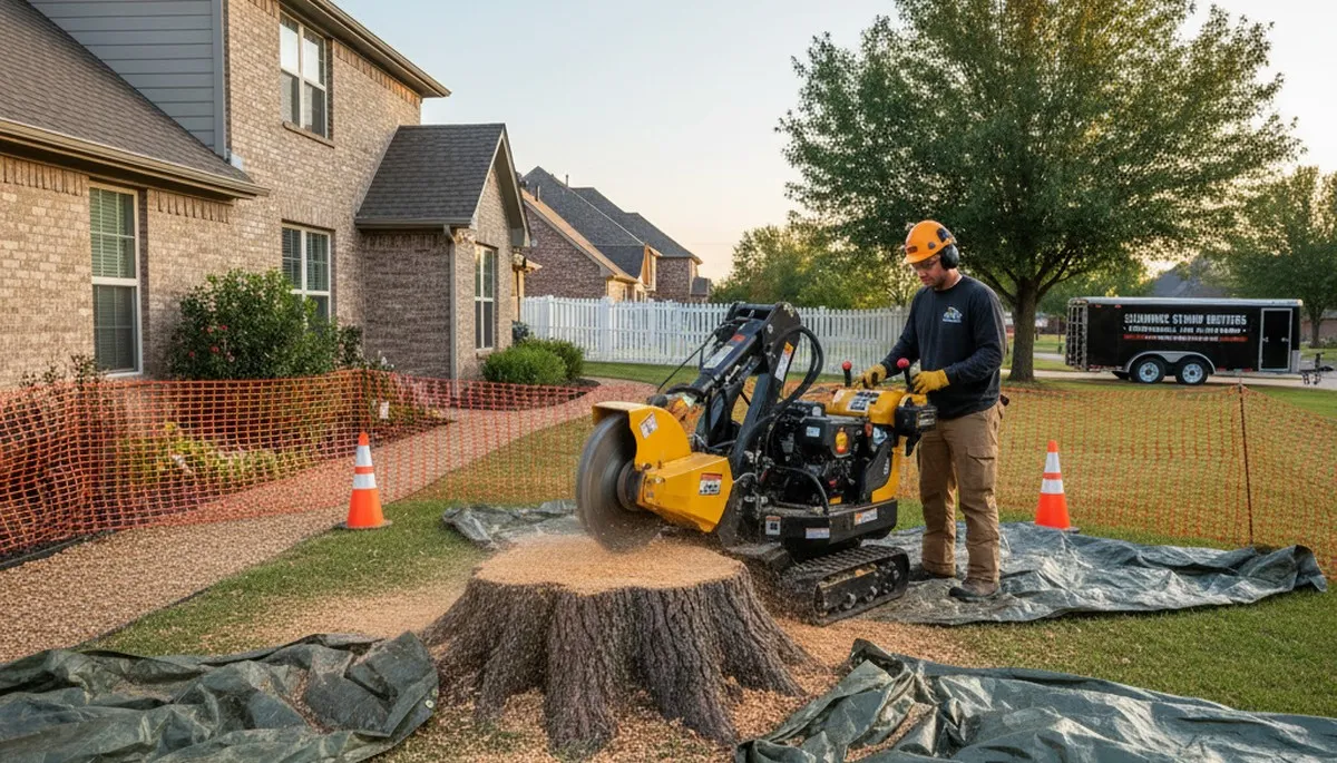 Professional stump grinding equipment removing tree stumps in Shawnee, OK landscaping area