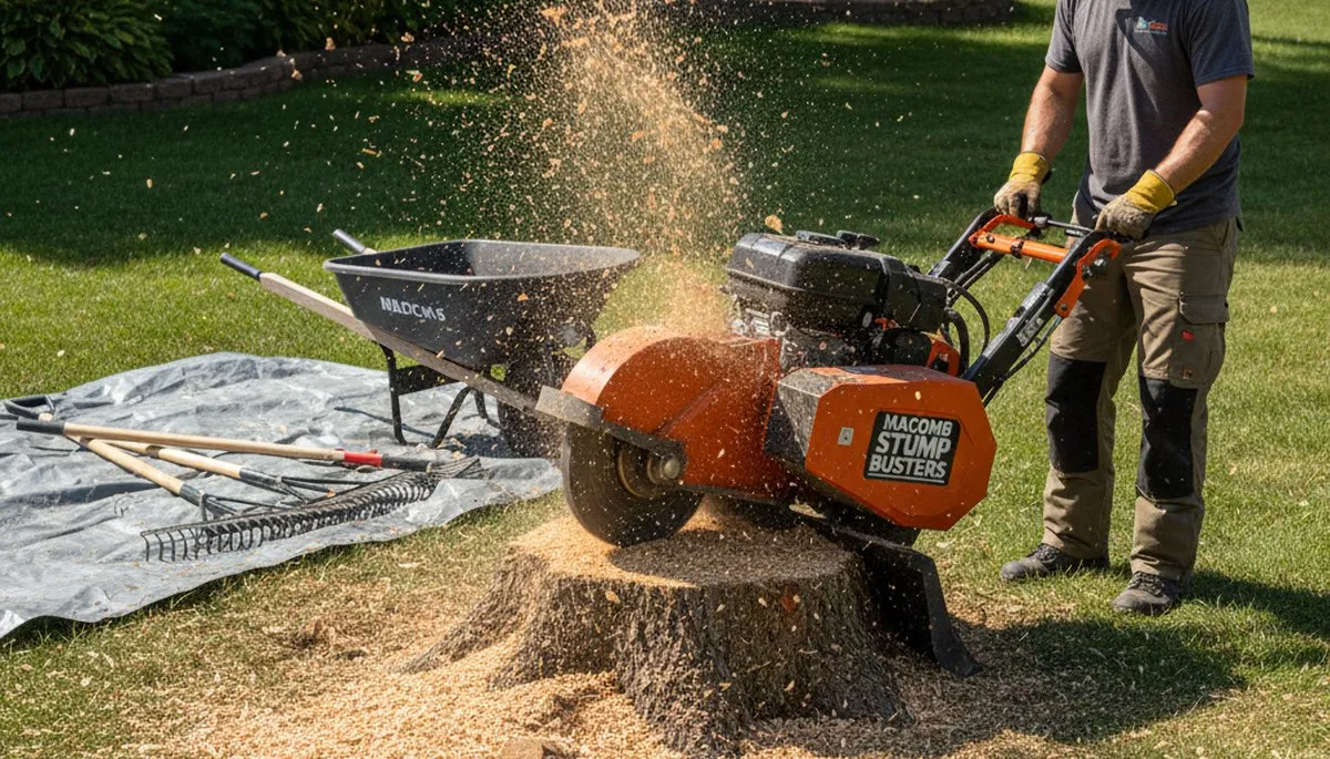 Professional stump grinding removing tree stumps on residential lawn in Macomb, near Shawnee OK
