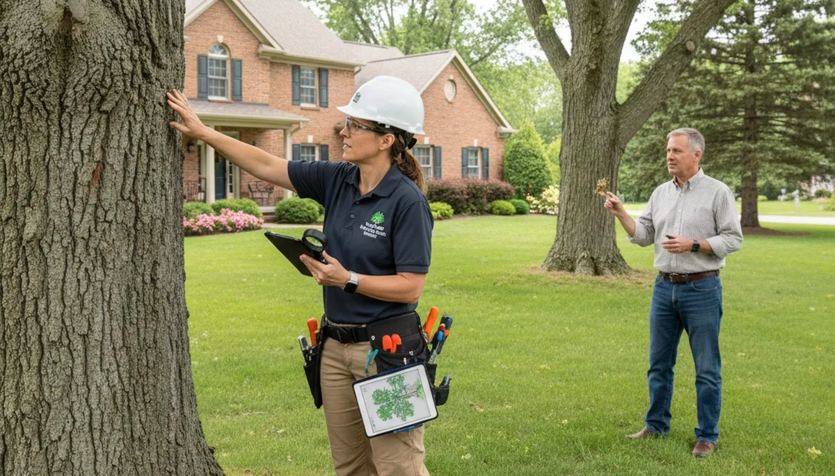 Certified arborist performing tree health assessment for homeowners in Macomb, near Shawnee, OK