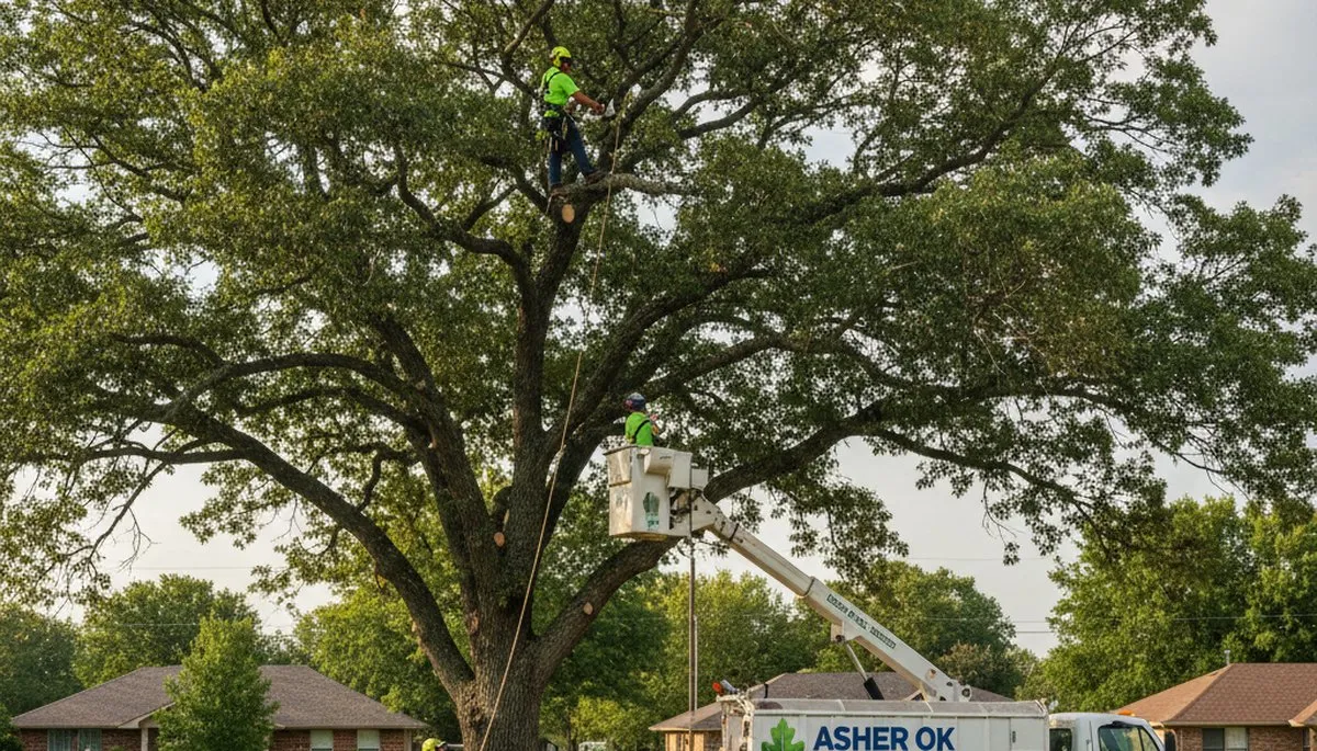 Professional tree removal service in Shawnee OK safely cutting and clearing large oak tree