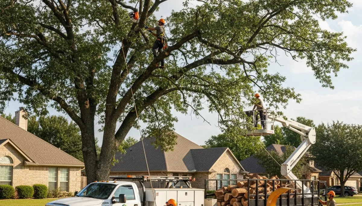 Professional tree removal service in Shawnee OK clearing hazardous oak near residential property